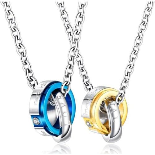 Stainless Steel Blue Gold Round Circle Lovers Pendant Necklace Jewelry Gift For Him with Chain