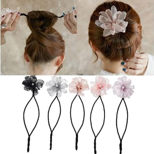 DIY Woman Flower Donuts Twist Headband Magic Hair Bun Maker Hairstyle Tool Pearl Hair Accessories