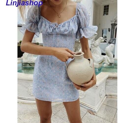 Holiday New Bow Summer Dress Vintage Blue Floral Print Beach A-Line Dress Slim Women Mini Dress Vestidos plus size Sexy Dress