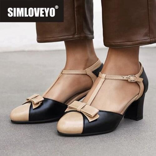 SIMLOVEYO New 2021 Women Pumps Round Toe 6.5cm Block Heels Patchwork Bowtie Stylish Buckle Big Size 34-42 Casual Date A3886