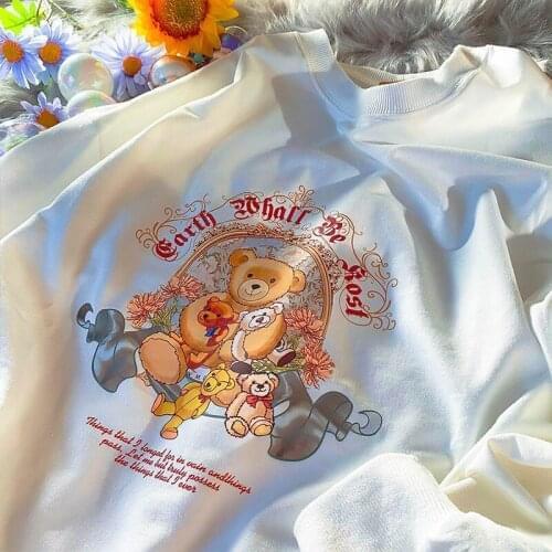 Retro Graphic Bear Kawaii Print Long Sleeve Tops Cotton Woman Tshirts 2021 New Fashion Harajuku Teens Clothes Hip Hop Streetwear