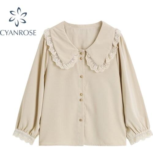 Women Blouses Vintage 2021 Autumn New Mori Girl Blouse Solid Color Long Sleeve Doll Collar Leisure Lacework Sleeves Sweet Top