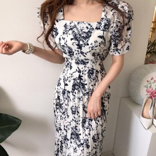 SISHION летние платья francais Summer Elegant Women Print Puff Sleeve Dress Casual Party Slim A-Line Maxi Pleated Dress SP1439