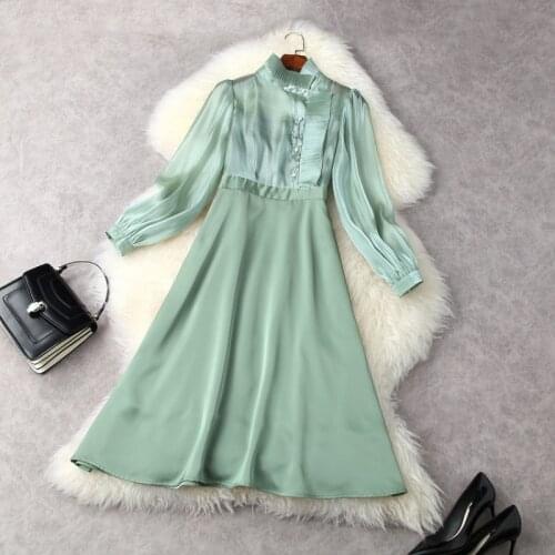 Spring 2021 New Lantern Sleeve Long Sleeve Stand Collar Fashion Dress In Solid Color European and American Womens Clothing