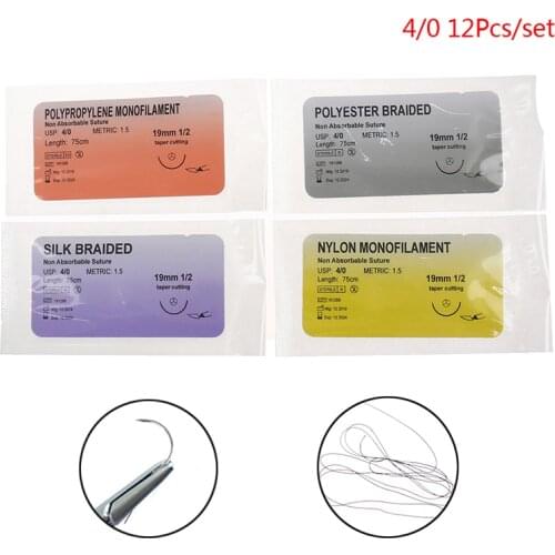12Pcs 4/0 Medical Needle Suture Nylon Monofilament Silk Braided Needle Thread Suture Teaching Demonstrations Practice Kit