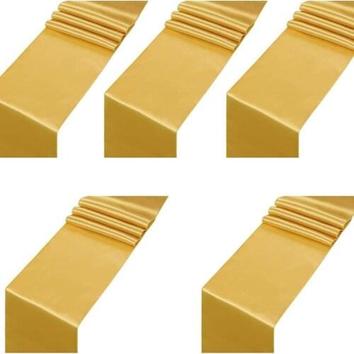 5 Pack Satin Table Runner 12 x 108 Inch Gold Long Wedding Satin Silk Table Runner for Wedding Banquet Party Decoration