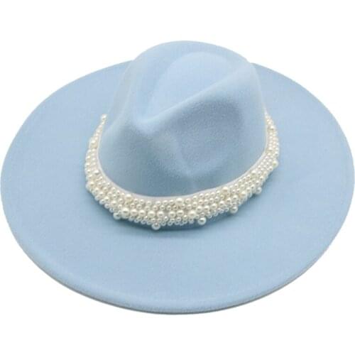 9.5cm big large brim fedora hats men women hats winter autumn pearl belt elegant felt hats khaki white hat fedora jazz caps new