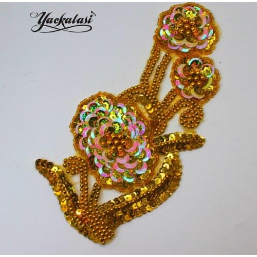 YACKALASI 10 Pcs/Lot Gold Sequined Hair Accessory 3D Floral Dance Beading Appliques Flower Headwear Patches 9cm*20cm