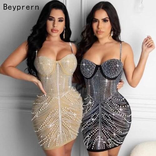 Beyprern Sparkle Black Silver Crystal Studs Mini Dress New Summer Spagetti Strap Rhinestone Bodycon Party Dress Birthday Outfits
