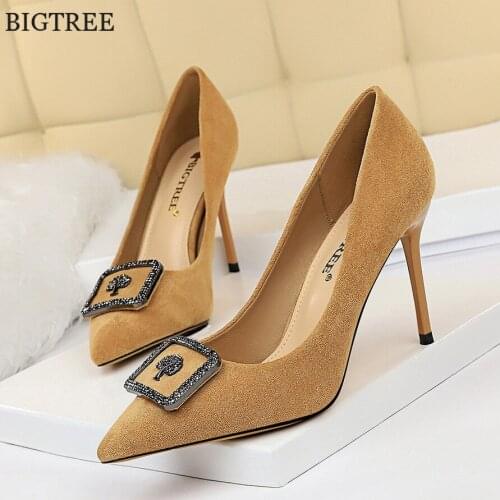 BIGTREE Crystal Buckle Women Shoes Flock Shallow High Heel Shoes Fashion Pointed Toe Women Pumps Ladies Sexy Party Shoes Wedding