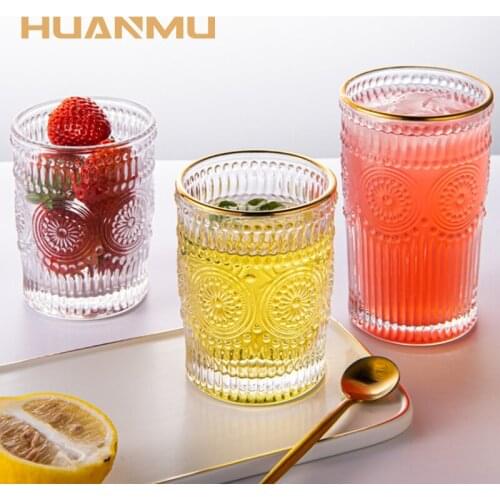 380/280ML Wine Glass Embossed Sunflower Fruit Juice Drink Cup Clear Glass Tea Coffee Drinkware Heat-Resistant Breakfast Cup