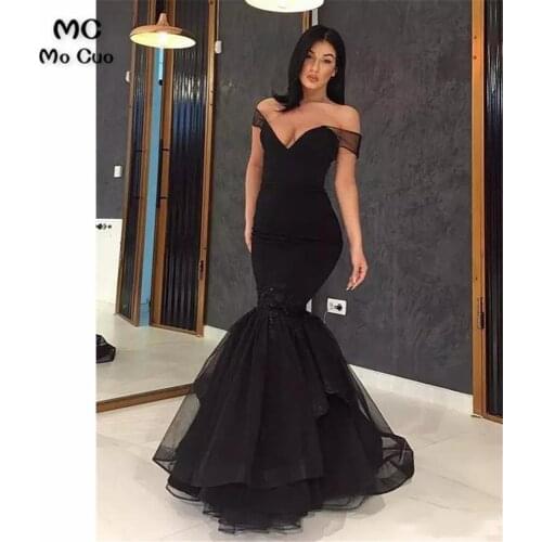 Black Mermaid Off the Shoulder Evening Dresses Appliques Beaded Short Sleeve Elastic Satin Womens Evening Dresses Prom Dress