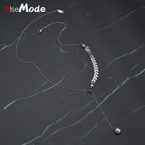 ELSEMODE Elegant Y-shape Wheat Ear Pearl Necklace For Women Stainless Steel Collar Choker Fashion Jewelry