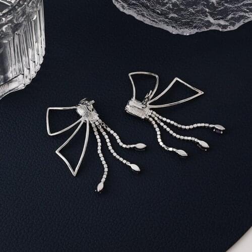French Glitter Geometric Rhinestone Bowknot Dangle Earring for Women Statement Long Tassel Hollow Out Earring Jewelry Dropship