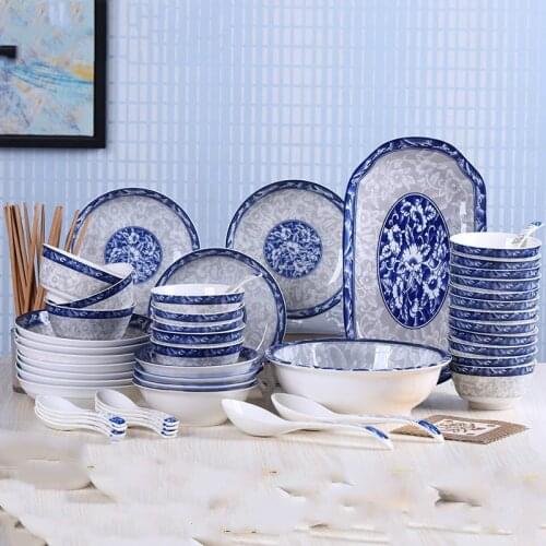 Chinese Bowl and Dish Set Household Blue and White Porcelain Bowl Fish Plate Combination Tableware Chinese Bowl and Plate Bowl