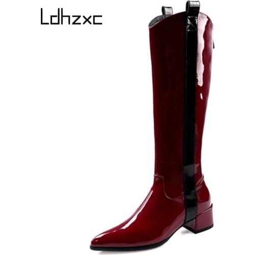 LDHZXC 2020 new arrival knee high boots women patent leather autumn Knight boots pointed toe med heels punk shoes ladies