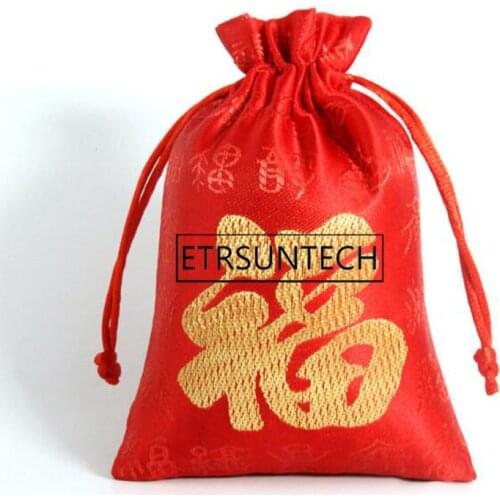 200pcs Jewelry Pouches Small Accessory Packaging Fabric Drawstring Bag Red Vintage Chinese Lucky Word FU Pouch Coins Bags