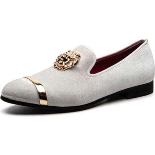 New Gold Top and Metal Toe Men Velvet Dress shoes italian mens dress shoes Handmade Loafers c76