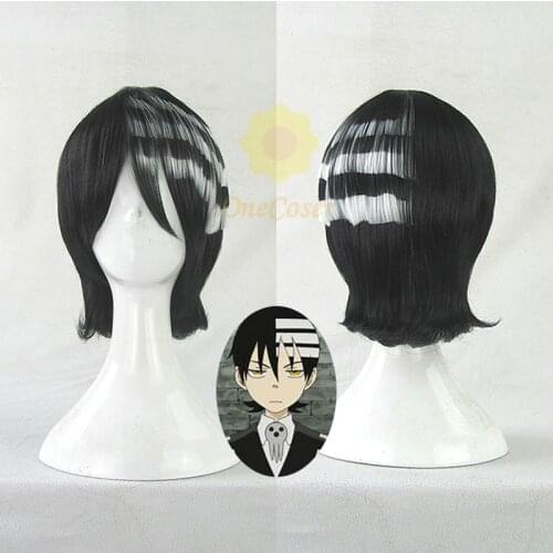 Soul Eater Death the Kid Anime Cosplay Black with White Wig Synthetic Hair + Free Wig Cap Halloween Party Role Play Mardi Gras