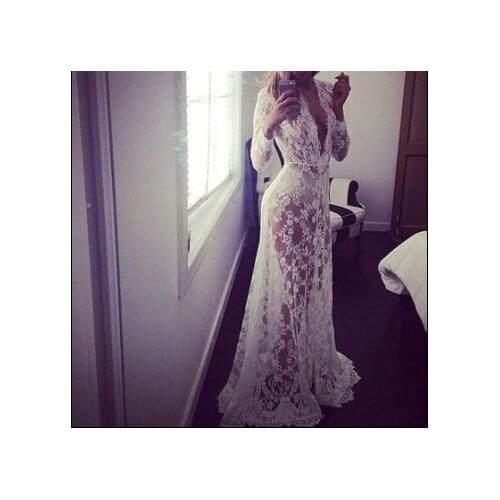 Dress Women Summer Dresses Deep V-neck White Sexy Long-sleeved See-through Lace Dress Vintage Plus Size Dresses Vestidos