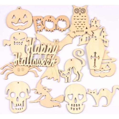 Mixed Natural Wooden Halloween Pendant Wood Slices DIY Crafts Hanging Handmade Accessory Home Party Decor 60-100mm 10Pcs M2708