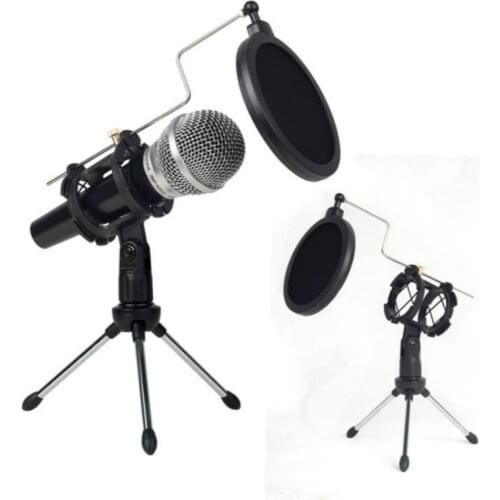 Microphone Tripod Stand Foldable Desktop Microphone Bracket with Shock Mount Mic Holder Clip and Pop Filter Meetings Lectures