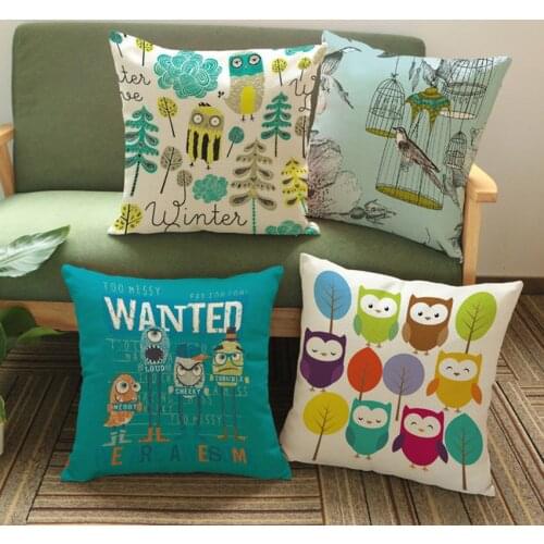 Cute Lovely Cartoon Birds Sofa Throw Pillow Case Cotton Linen Children Room Decoration Blue Owl Print Car Pillow Cushion Cover