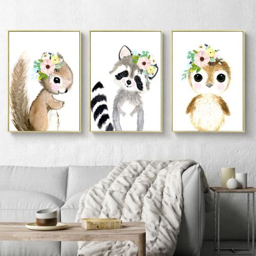 Nordic Watercolor Animal Rabbit Deer Squirrel Poster Nursery Print Cartoon Wall Art Canvas Painting Kid Baby Room Home Decor