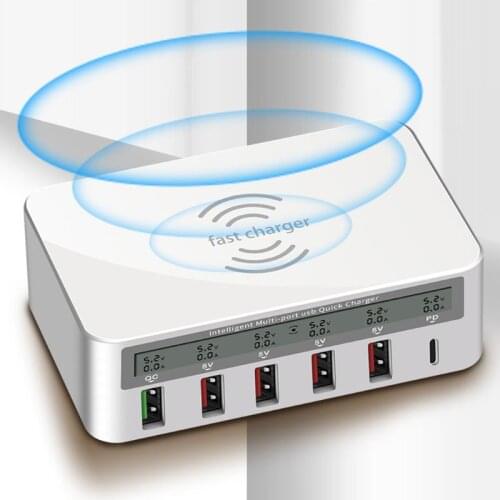 Universal 100W 5x USB QC 3.0 & Type C PD Fast Charger Adapter Qi Wireless Charger Station for iPhone ipad Samsung Xiaomi Huawei