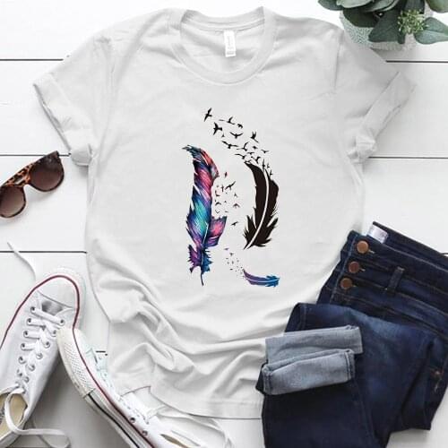 Seeyoushy Feather Print TShirt Women Short Sleeve Crew Neck Vintage Tee Tops 2021 Summer Streetwear Women Top Woman Clothes