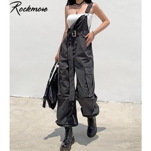 Rockmore Gothic Black Overalls Womens Cargo Pants Plus Size Sling Bow Belt Dungarees Wide Leg Pants Casual Trousers Plus Size