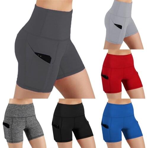Women Gym Shorts High Waist Lifting Push Up Tight Cycling Sports Leggings + Phone Pocket Jogging Running Fitness Short Pant