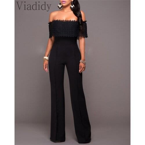 Off Shoulder Lace Patchwork Short Sleeve Backless Flare Jumpsuit Women Solid Color Casual Romper