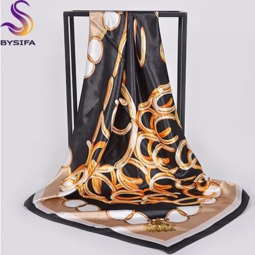 [BYSIFA] Black Gold Scarves For Women Foulard New Fall Winter Letters Brand Shawls Head Scarfs 90*90cm Satin Silk Square Scarf