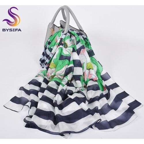 [BYSIFA] New Blue White Striped Silk Scarf Shawl Ladies Brand 100% Pure Silk Long Scarves Wraps Spring Autumn Neck Scarf Foulard