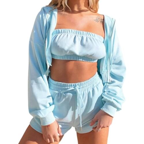 2021 Fashion 3Pcs Set Tracksuit Women Sport Outfit Casual Suit Long Sleeve Hooded Sweatshirt Jacket+Shorts+Tube Top Streetwear