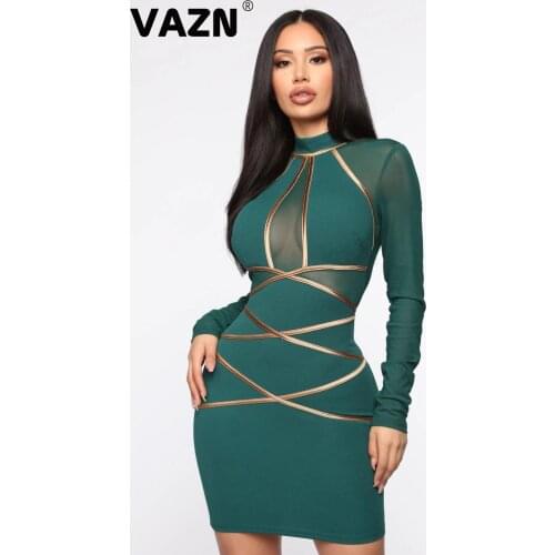 VAZN 2020 Spring New Little Chap Sexy Open Patchwork Lace Top Mature Style Turtleneck Full Sleeve Women Thin Mini Dress