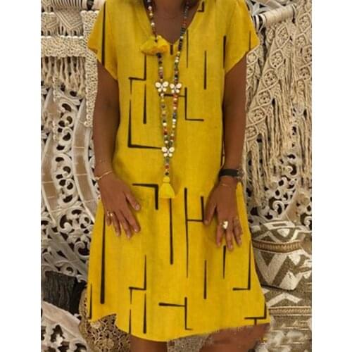 Womens Fashion Loose Casual Vintage Print Plus Size Women Clothing V Neck Short Sleeves Summer Fashion A-line Ladies Dresses