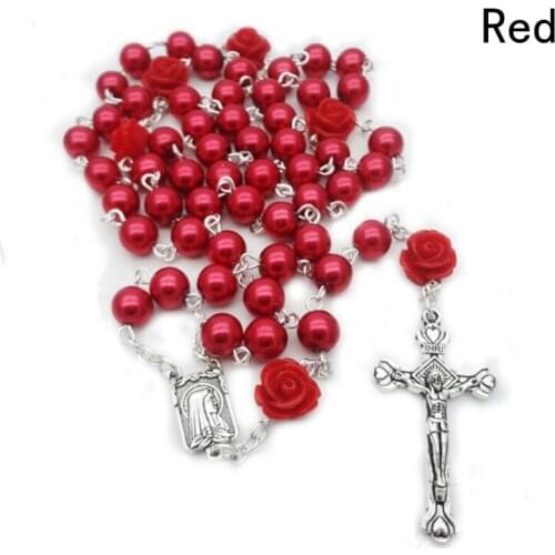 Vintage Religious White Simulated Pearl Beads Red Rose Catholic Rosary Necklace Women Long Strand Necklaces Jesus Jewelry Gift