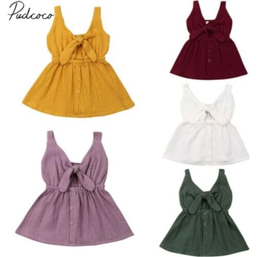 2019 Baby Summer Clothing Toddler Kids Baby Girls Solid Dress Sleeveless Ruffle Elegant Princess Party Gown Linen Clothes 6M-4Y