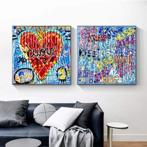 Abstract Colorful Heart Kiss Canvas Painting Street Graffiti Art Posters and Prints Wall Art Pictures for Living Room Home Decor