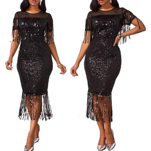 African Dresses for Women Black Bodycon Africa Party Dress Elegant Slim Tassel Mesh Vestidos Event Celebrate Occasion Clothes