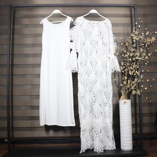 African Dresses For Women Plus Size Long Dress White Lace Maxi Dress African Clothes O-Neck Ruffles Sleeve Long Dress Partyclub