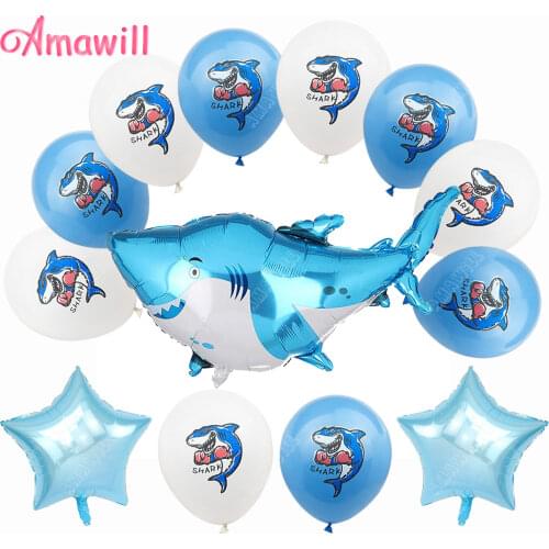 Amawill Happy Birthday Latex Air Balloons Shark Balloons Kids Birthday Decoration Accessories Under The Sea Party Baby Shower