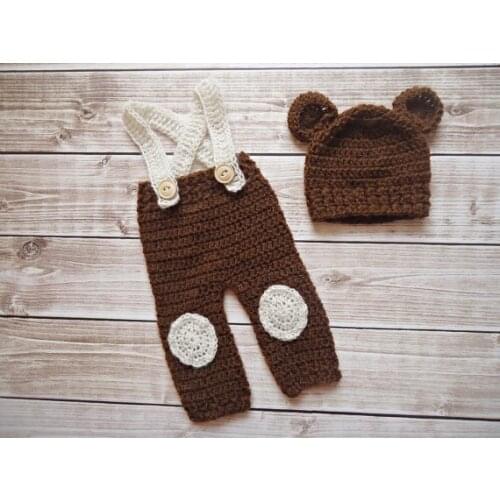 Free shipping,Baby Brown Little bear hat with matching Pants baby sets.newborn crochet Photography Props 100% cotton