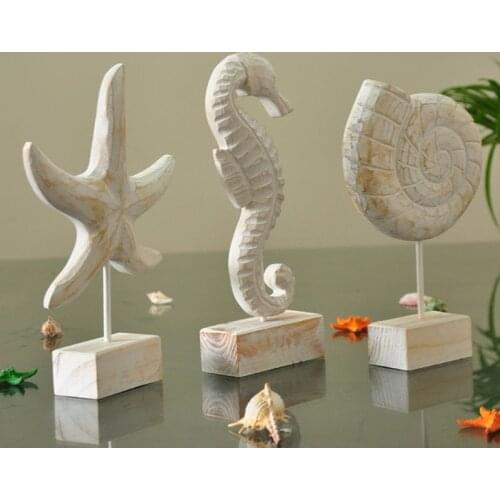 Mediterranean Style Wood Crafts Home Decor Statue Starfish Conch Seahorse Figurines Beach Nautical Style Table Sculptures Living
