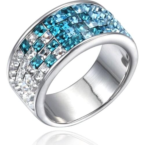 COCOM Luxury Channel Neutral Ring with Square Blue and White Crystals from Austria Fashion Ring for Men or Women Party Jewelry
