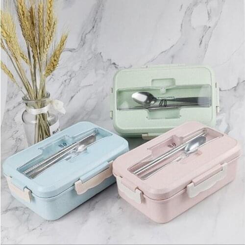 Microwave Lunch Box Wheat Straw Dinnerware Lattice Food Storage Container For Children Kids Portable School Office Bento Box