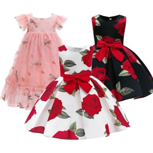 Summer Little Girls Infant Rose Print Dress For Baby Girl Clothes Lace Princess Dresses Wedding Birthday Party Frocks Ball Gown