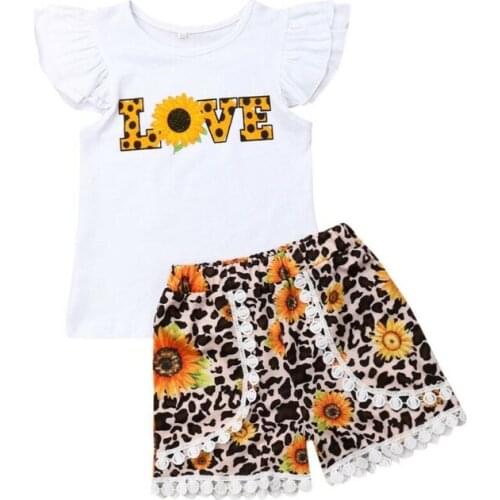 Citgeett Summer Toddler Newborn Kids Baby Girl Clothes T-shirt Love Tops+Short Pants Outfits Sunflower Print Set